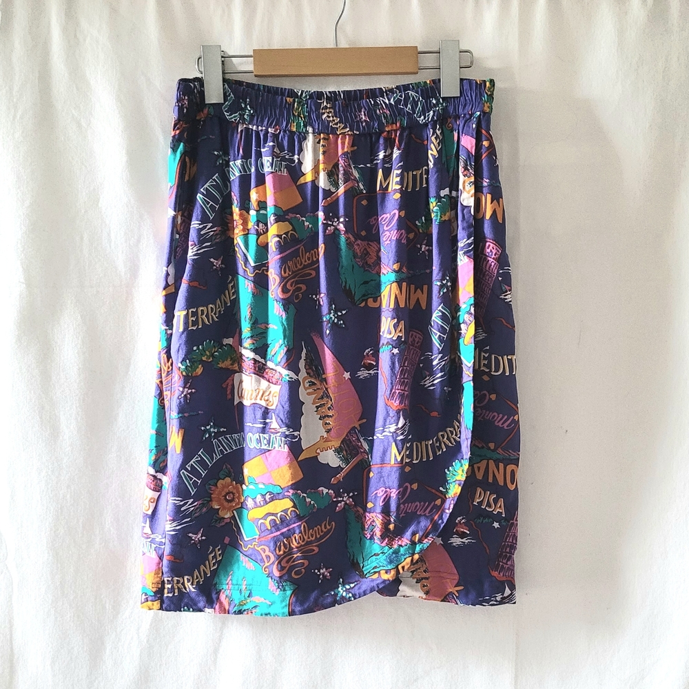 1991 Vintage Purple Tropical Print Elastic Waist Skirt